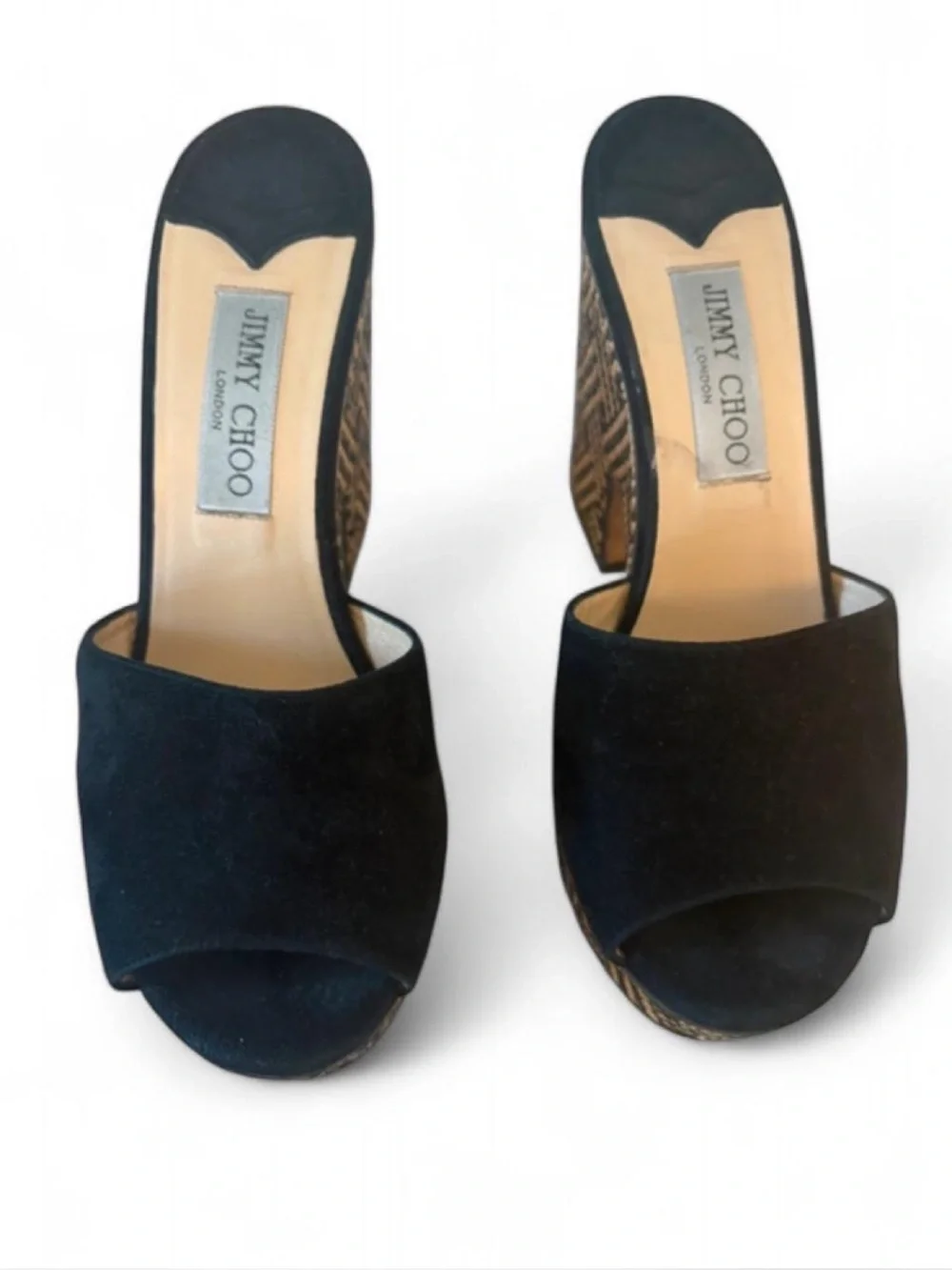Jimmy Choo Deedee wedge sandals black suede uppers, woven platform size 8.5/38.5